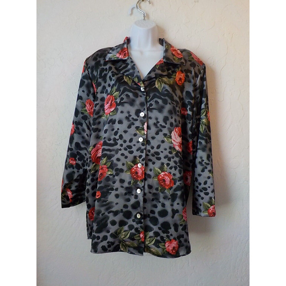 Options by Delta Burke Satin Floral Button Up Blouse Size Plus 1X Long Sleeves - Picture 1 of 11